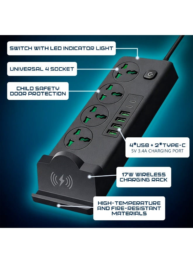 AMROAH موزع طاقة عالمي مع 4 مآخذ تيار متردد، 4*USB-A و 2*USB-C، قاعدة شحن لاسلكية سريعة PD، واقي من زيادة التيار، سلك تمديد مع حماية من الحمل الزائد، محطة شحن متعددة الأجهزة للاستخدام المنزلي والمكتبي - Image 3